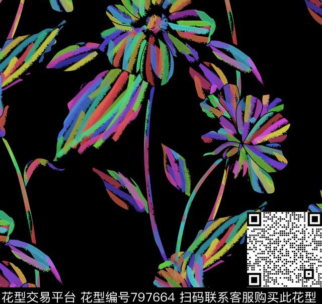 花卉女装时尚笔触数码印花华亿平台下载（图片编号: 797664） - 瓦栏（Walan）