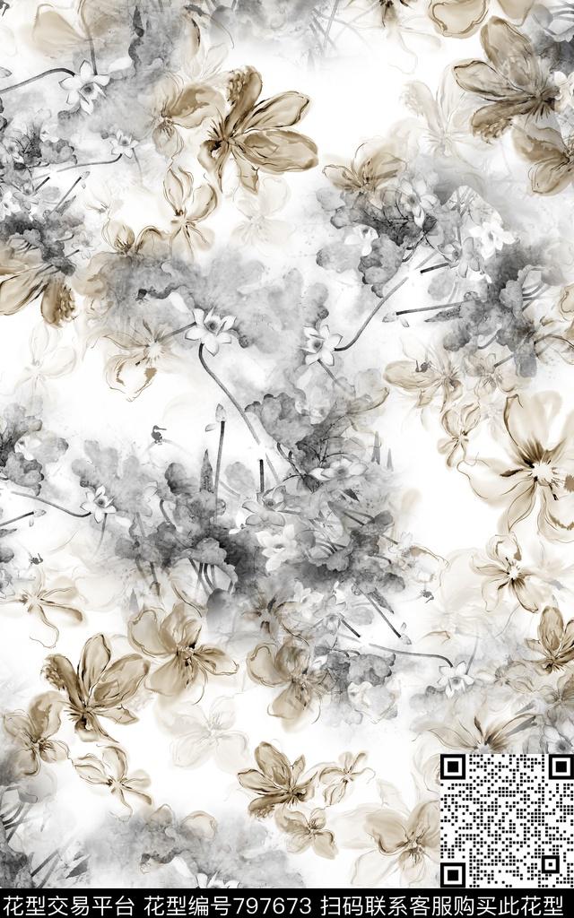 荷花国画中国风数码印花华亿平台下载（图片编号: 797673） - 瓦栏（Walan）