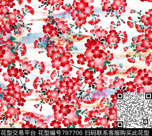 花卉手绘花卉梅花数码印花华亿平台下载（图片编号: 797706） - 瓦栏（Walan）