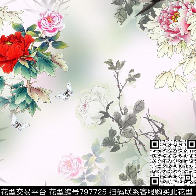 花卉手绘花卉牡丹数码印花华亿平台下载（图片编号: 797725） - 瓦栏（Walan）