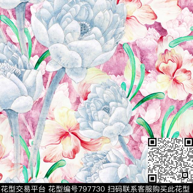 荷花手绘花卉朦胧花卉数码印花华亿平台下载（图片编号: 797730） - 瓦栏（Walan）