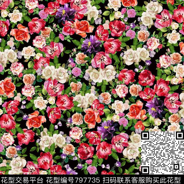 叶子玫瑰花卉数码印花华亿平台下载（图片编号: 797735） - 瓦栏（Walan）