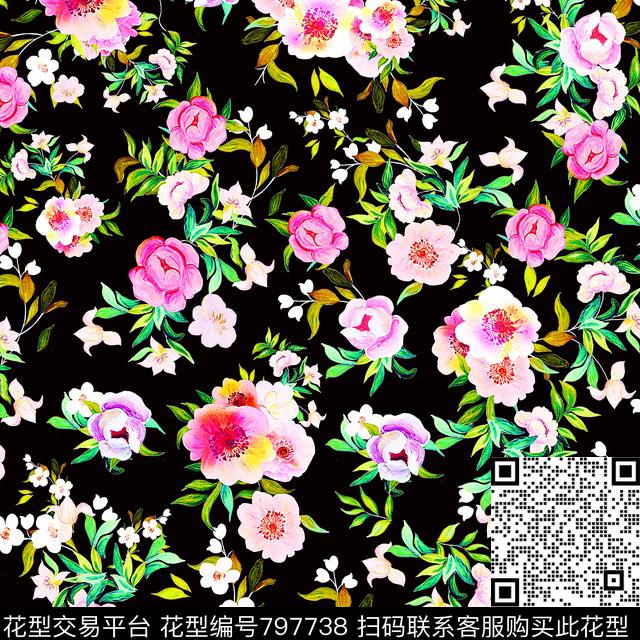 花卉手绘花卉玫瑰数码印花华亿平台下载（图片编号: 797738） - 瓦栏（Walan）
