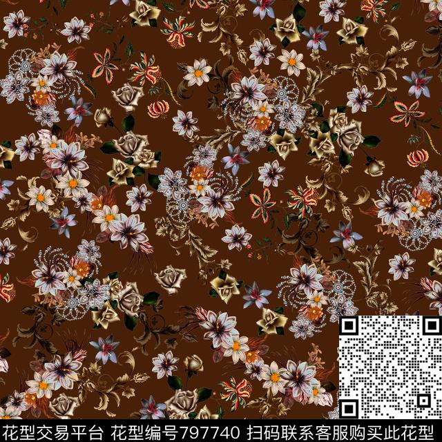 花卉手绘花卉玫瑰纹样数码印花华亿平台下载（图片编号: 797740） - 瓦栏（Walan）
