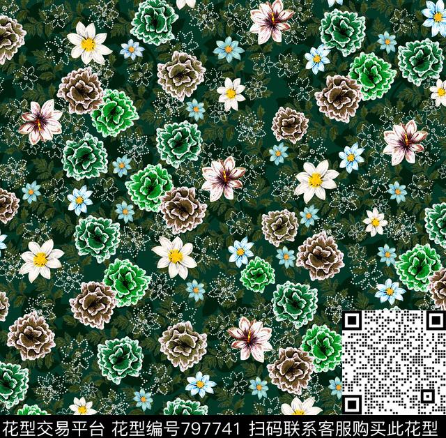 花卉手绘花卉绿色花卉珠花数码印花华亿平台下载（图片编号: 797741） - 瓦栏（Walan）