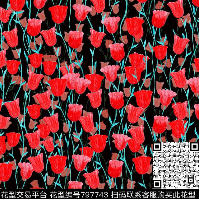 花卉手绘花卉郁金香数码印花华亿平台下载（图片编号: 797743） - 瓦栏（Walan）