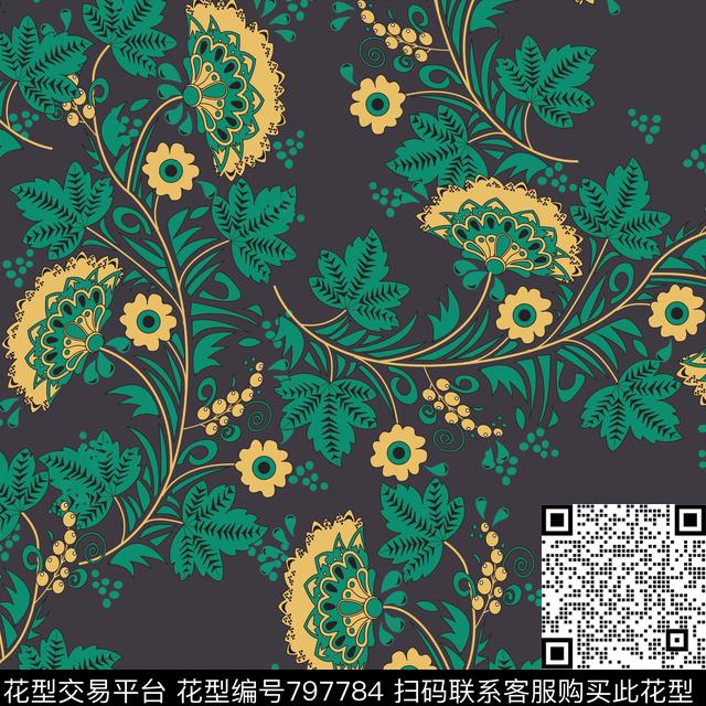 女装植物花卉手绘花卉数码印花华亿平台下载（图片编号: 797784） - 瓦栏（Walan）
