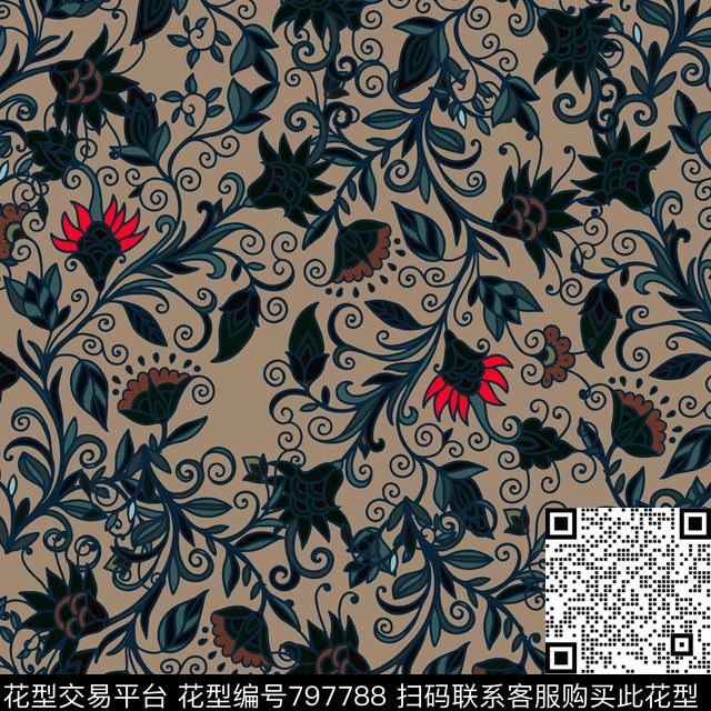 女装植物花卉手绘花卉数码印花华亿平台下载（图片编号: 797788） - 瓦栏（Walan）