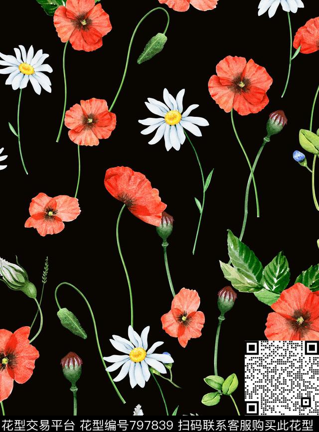 罂粟花雏菊花卉数码印花华亿平台下载（图片编号: 797839） - 瓦栏（Walan）