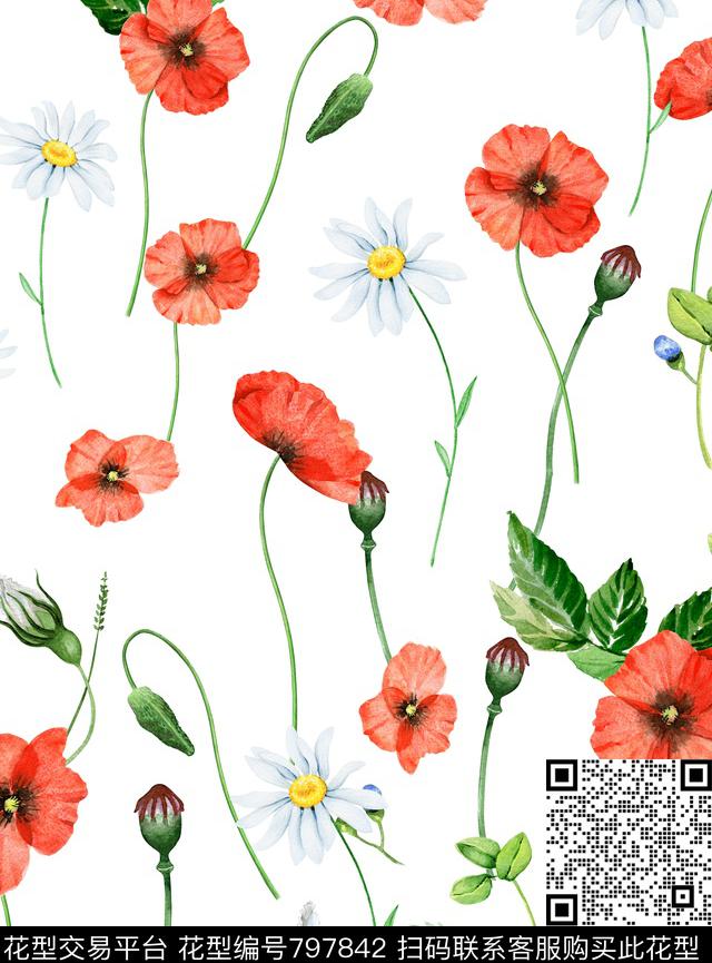 罂粟花雏菊花卉数码印花华亿平台下载（图片编号: 797842） - 瓦栏（Walan）