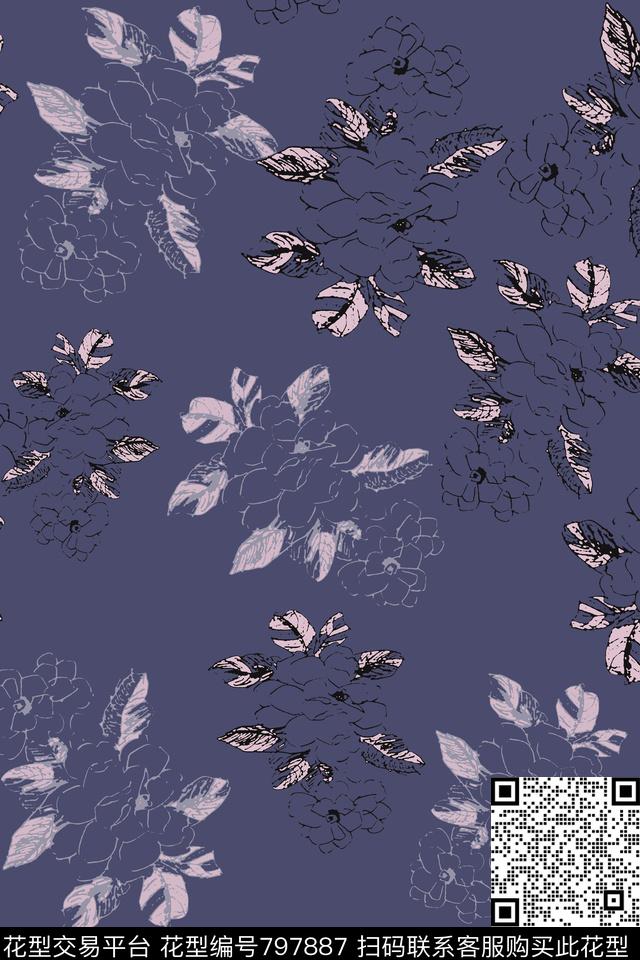 手绘线条笔触风格化花卉写意花卉传统印花华亿平台下载（图片编号: 797887） - 瓦栏（Walan）