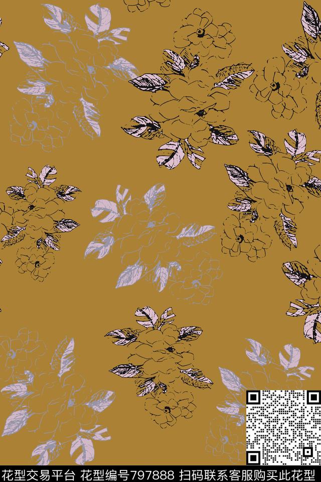 手绘线条笔触风格化花卉写意花卉传统印花华亿平台下载（图片编号: 797888） - 瓦栏（Walan）