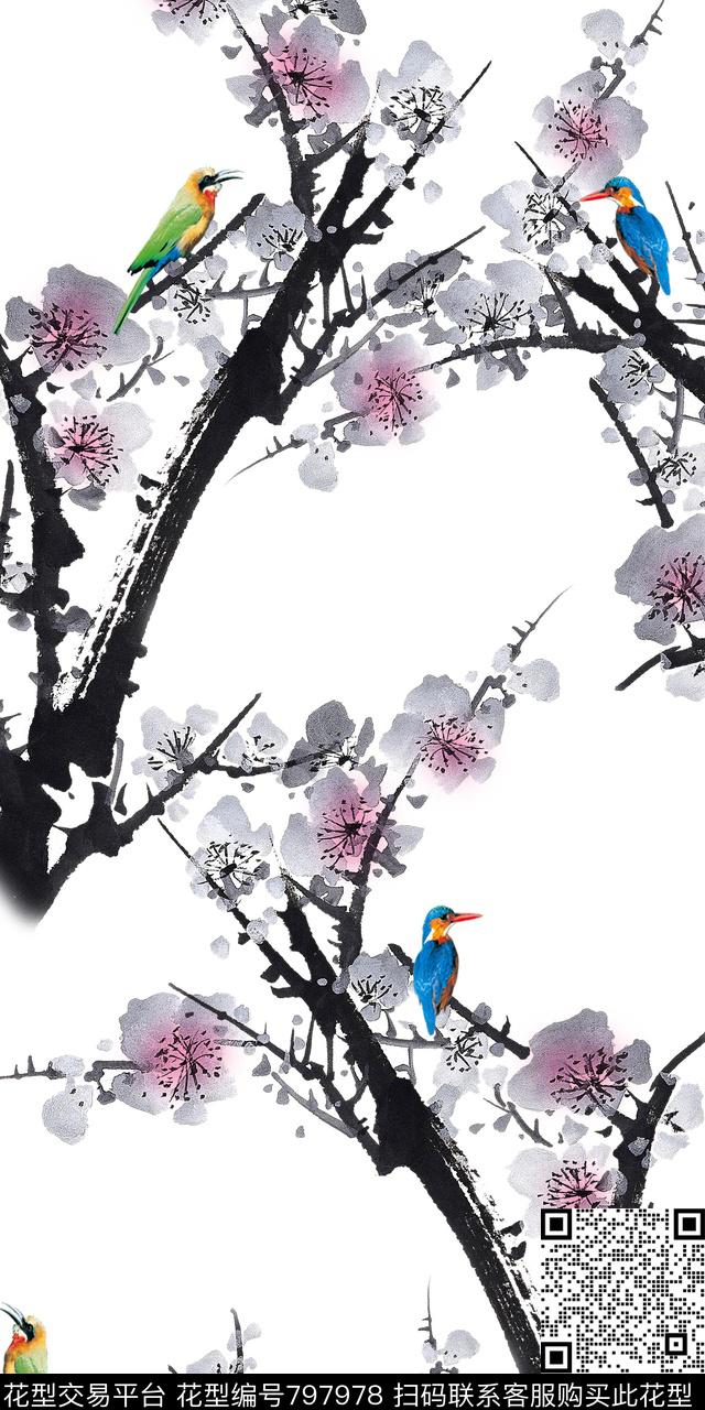 花卉水墨花鸟数码印花华亿平台下载（图片编号: 797978） - 瓦栏（Walan）