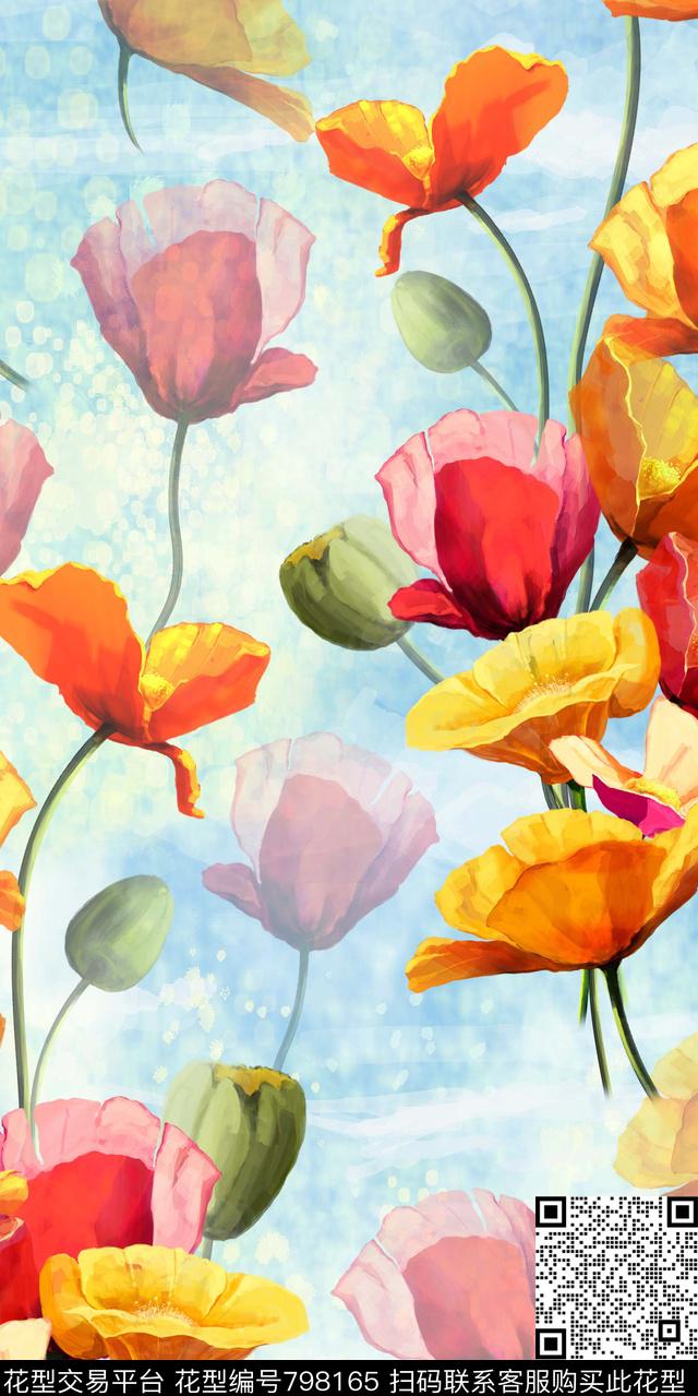 花卉花朵水彩数码印花华亿平台下载（图片编号: 798165） - 瓦栏（Walan）