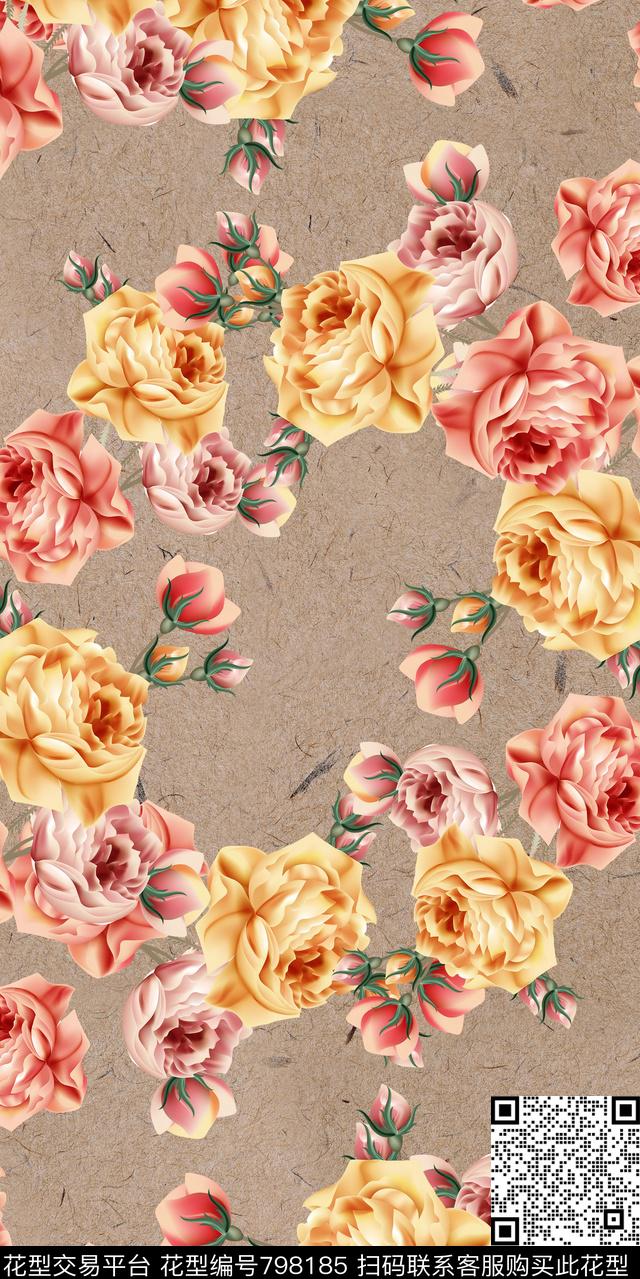 玫瑰玉兰花乱花数码印花华亿平台下载（图片编号: 798185） - 瓦栏（Walan）