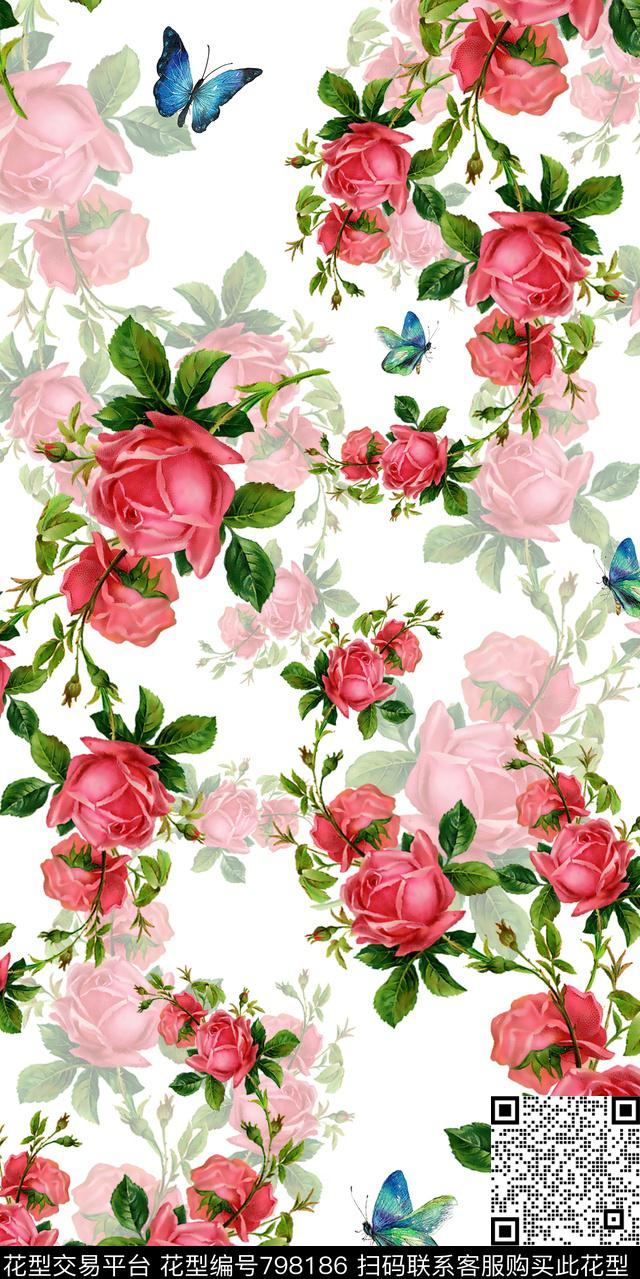 玫瑰玉兰花乱花数码印花华亿平台下载（图片编号: 798186） - 瓦栏（Walan）