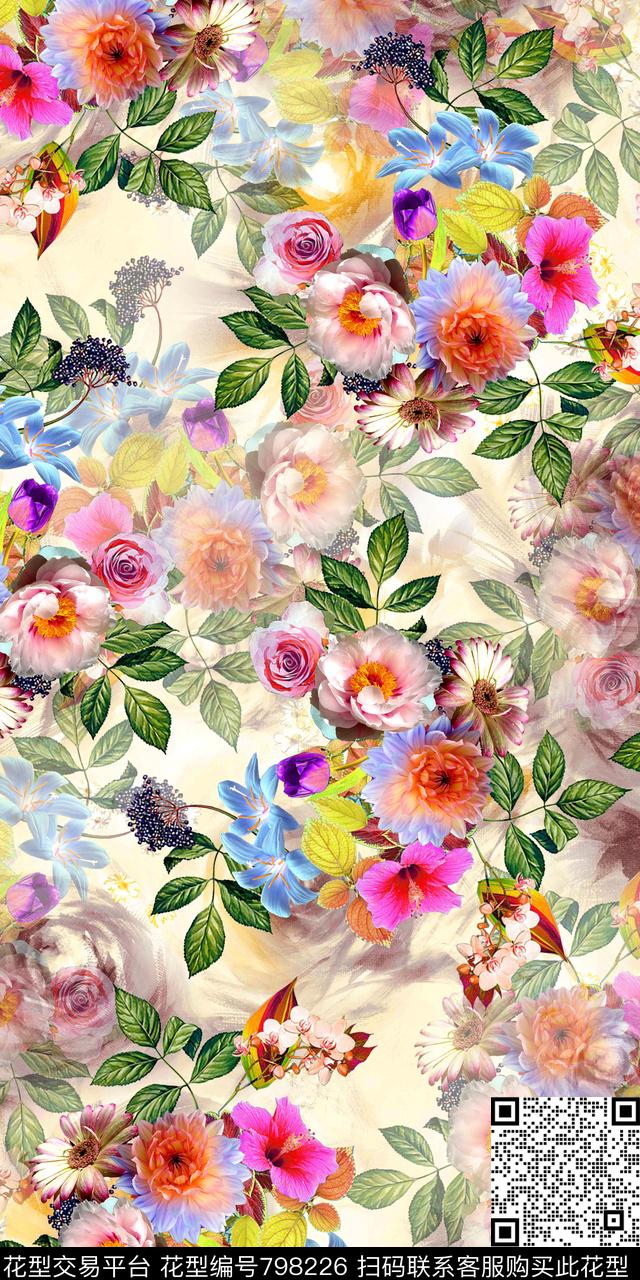 鲜花手绘花朵数码印花华亿平台下载（图片编号: 798226） - 瓦栏（Walan）