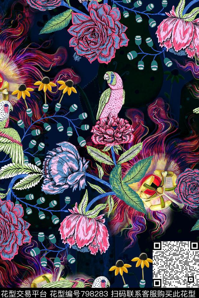 时尚手绘花卉数码印花华亿平台下载（图片编号: 798283） - 瓦栏（Walan）