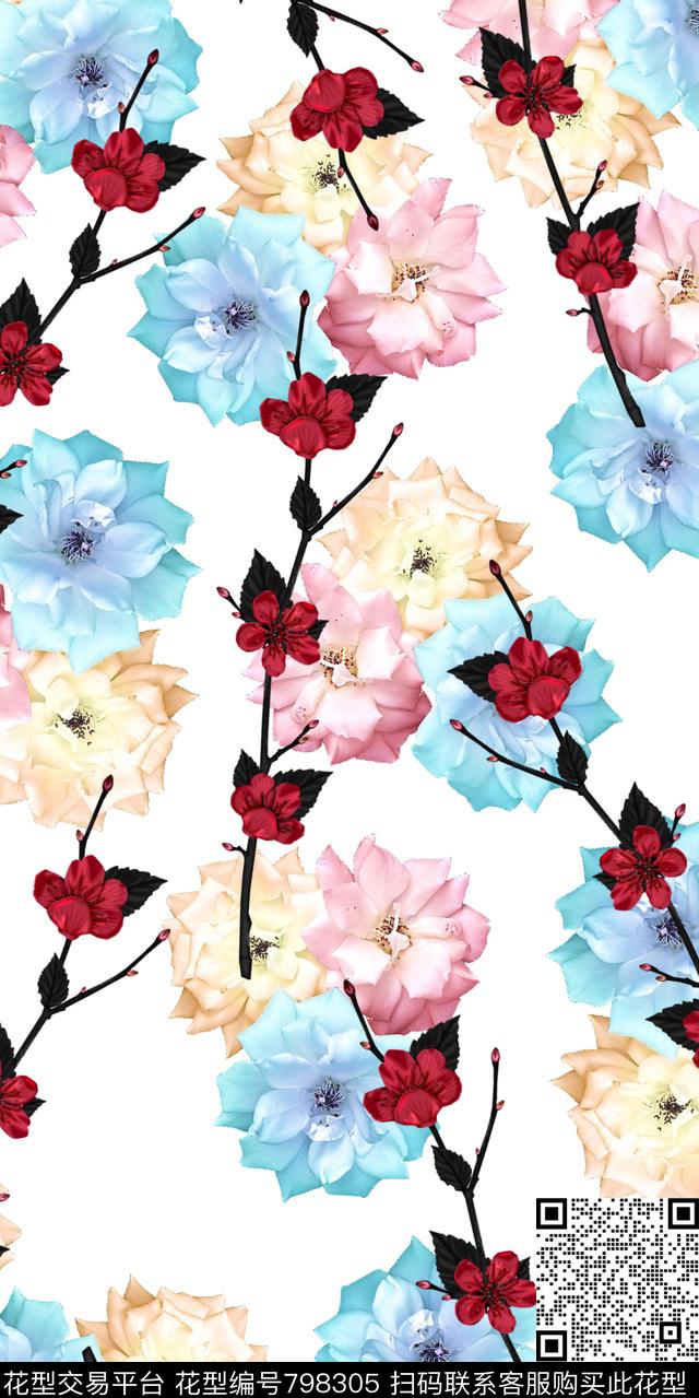 玫瑰玉兰花乱花数码印花华亿平台下载（图片编号: 798305） - 瓦栏（Walan）