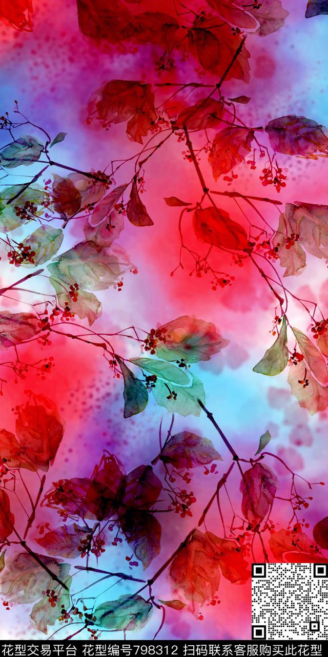 花卉水彩花卉绚丽数码印花华亿平台下载（图片编号: 798312） - 瓦栏（Walan）
