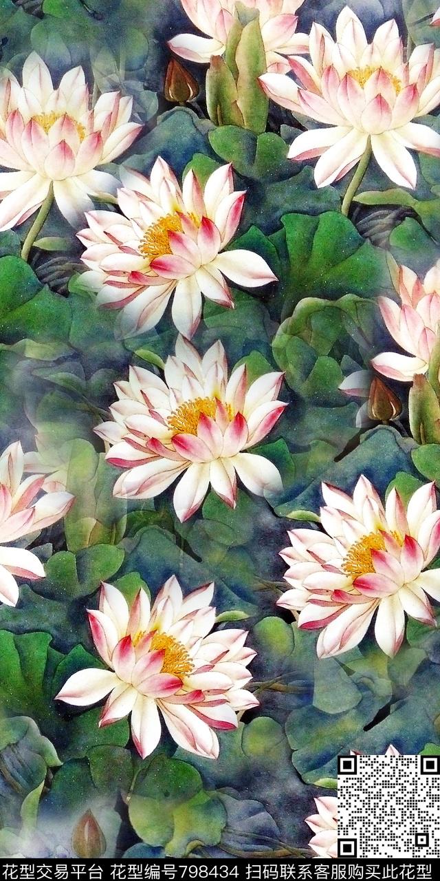 荷花中国风手绘花数码印花华亿平台下载（图片编号: 798434） - 瓦栏（Walan）