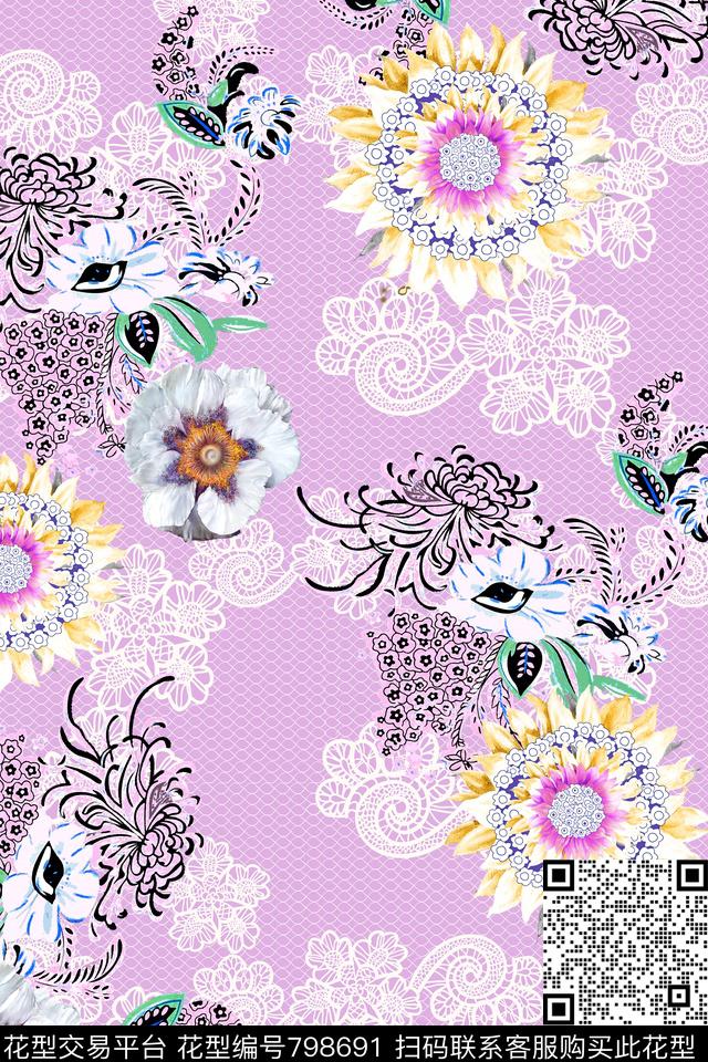 几何蕾丝花卉数码印花华亿平台下载（图片编号: 798691） - 瓦栏（Walan）