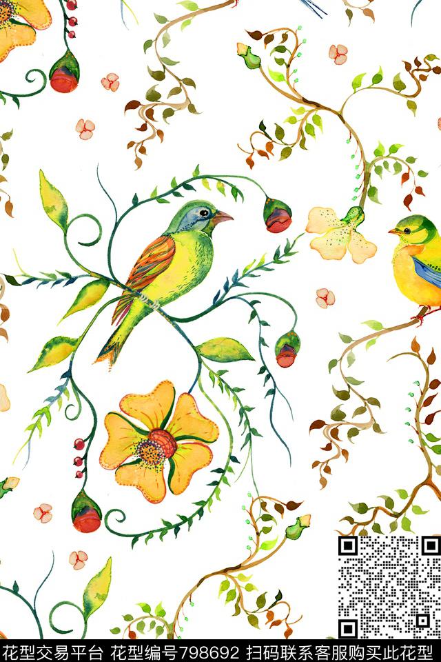 小鸟花卉卷草数码印花华亿平台下载（图片编号: 798692） - 瓦栏（Walan）