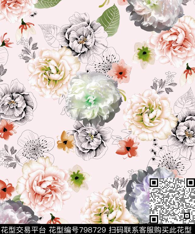 花卉牡丹线描数码印花华亿平台下载（图片编号: 798729） - 瓦栏（Walan）