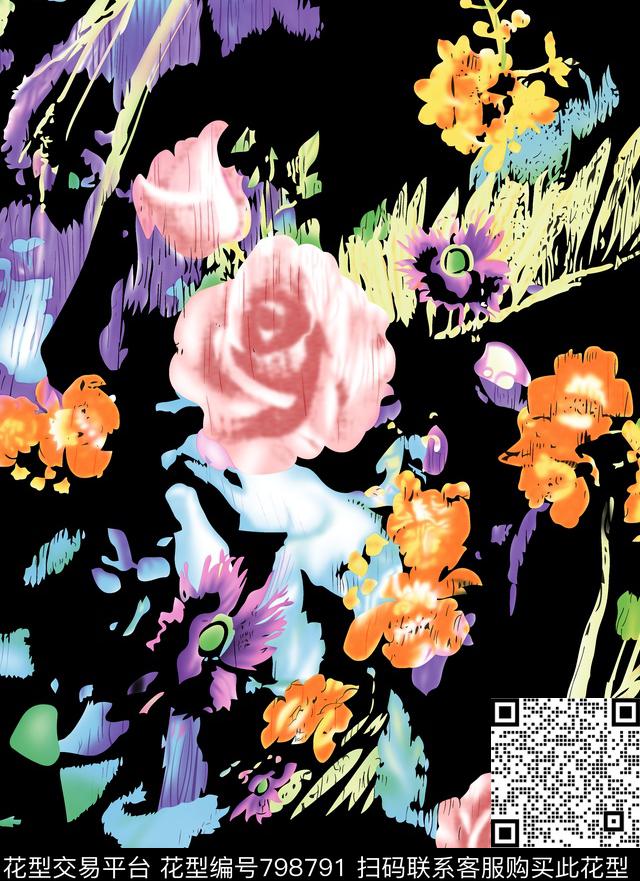 乱花花卉大气白底花卉数码印花华亿平台下载（图片编号: 798791） - 瓦栏（Walan）