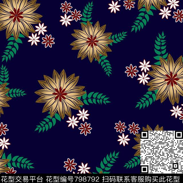 抽象花卉小碎花深底花卉传统印花华亿平台下载（图片编号: 798792） - 瓦栏（Walan）