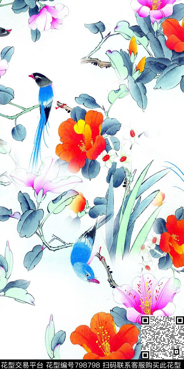 花鸟工笔画花卉牡丹花数码印花华亿平台下载（图片编号: 798798） - 瓦栏（Walan）