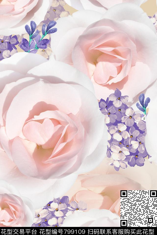 玫瑰绣球花大花数码印花华亿平台下载（图片编号: 799109） - 瓦栏（Walan）
