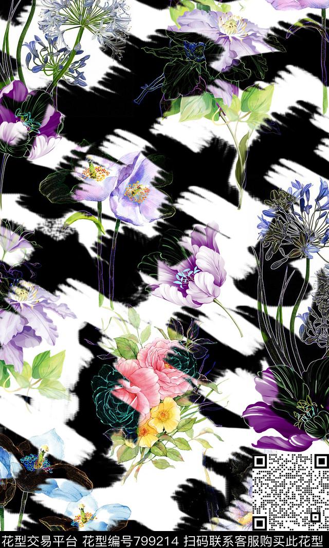 花卉手绘流行时尚数码印花华亿平台下载（图片编号: 799214） - 瓦栏（Walan）