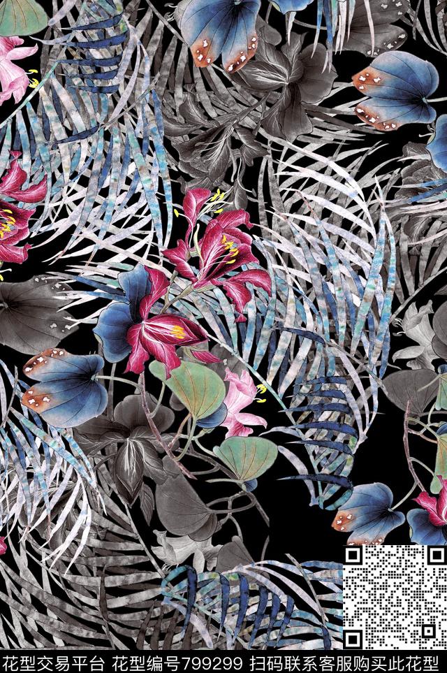 热带植物叶数码印花华亿平台下载（图片编号: 799299） - 瓦栏（Walan）