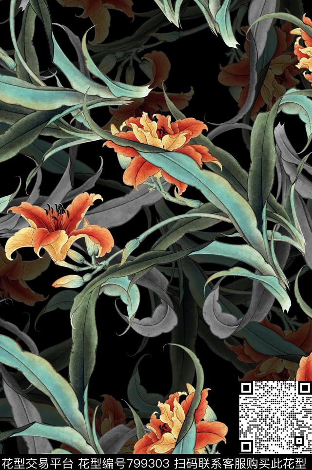 植物中国风国画数码印花华亿平台下载（图片编号: 799303） - 瓦栏（Walan）