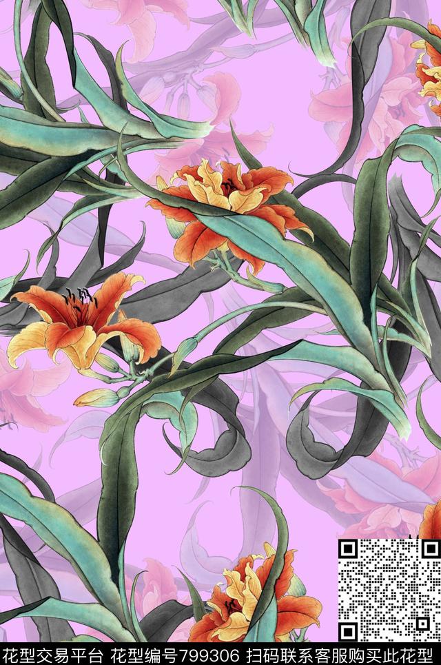 植物中国风国画数码印花华亿平台下载（图片编号: 799306） - 瓦栏（Walan）