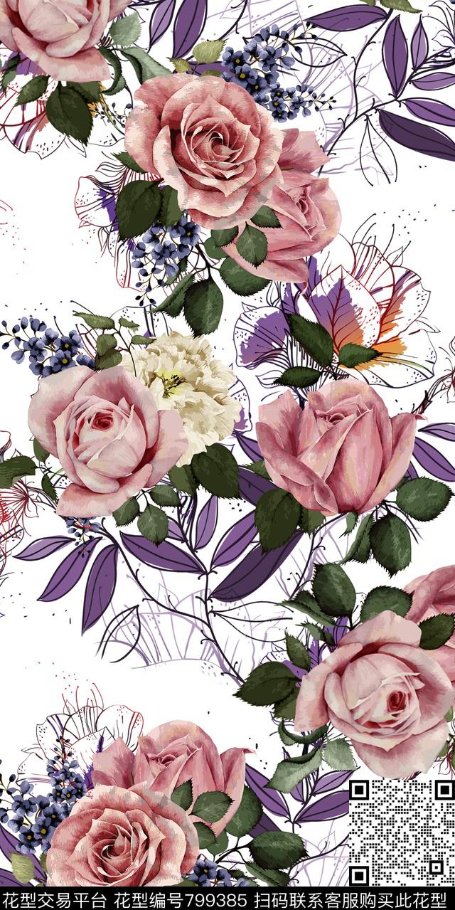 乱花大花花卉数码印花华亿平台下载（图片编号: 799385） - 瓦栏（Walan）