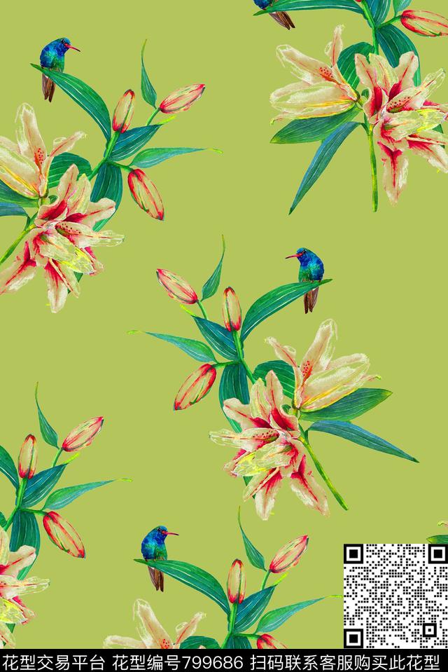 手绘花卉花鸟数码印花华亿平台下载（图片编号: 799686） - 瓦栏（Walan）