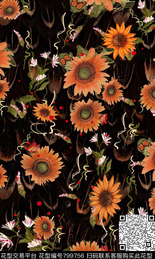 花朵花卉向日葵数码印花华亿平台下载（图片编号: 799756） - 瓦栏（Walan）