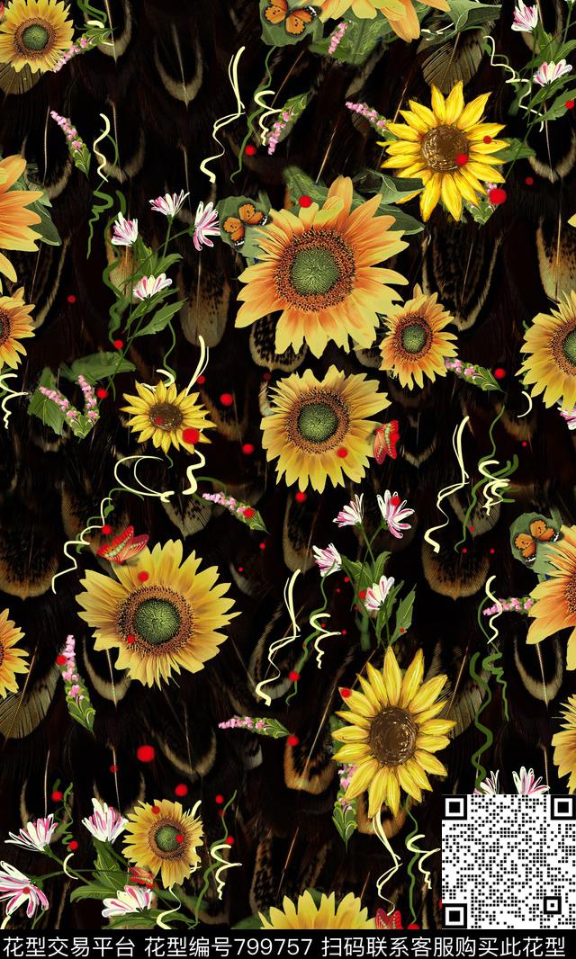花朵花卉向日葵数码印花华亿平台下载（图片编号: 799757） - 瓦栏（Walan）