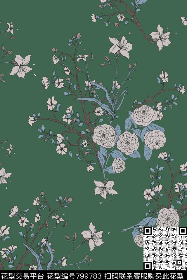 树叶花卉手绘传统印花华亿平台下载（图片编号: 799783） - 瓦栏（Walan）