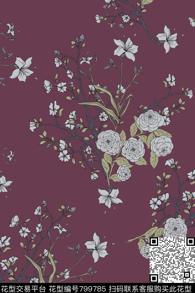 树叶花卉手绘传统印花华亿平台下载（图片编号: 799785） - 瓦栏（Walan）