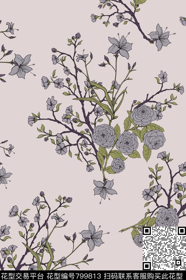 树叶花卉手绘传统印花华亿平台下载（图片编号: 799813） - 瓦栏（Walan）