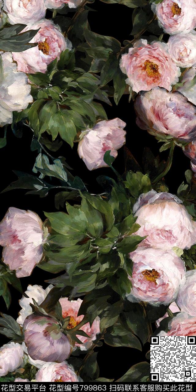 乱花手绘牡丹油画花卉数码印花华亿平台下载（图片编号: 799863） - 瓦栏（Walan）