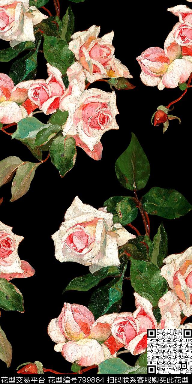 深底华亿平台手绘玫瑰花油画叶子玫瑰数码印花华亿平台下载（图片编号: 799864） - 瓦栏（Walan）