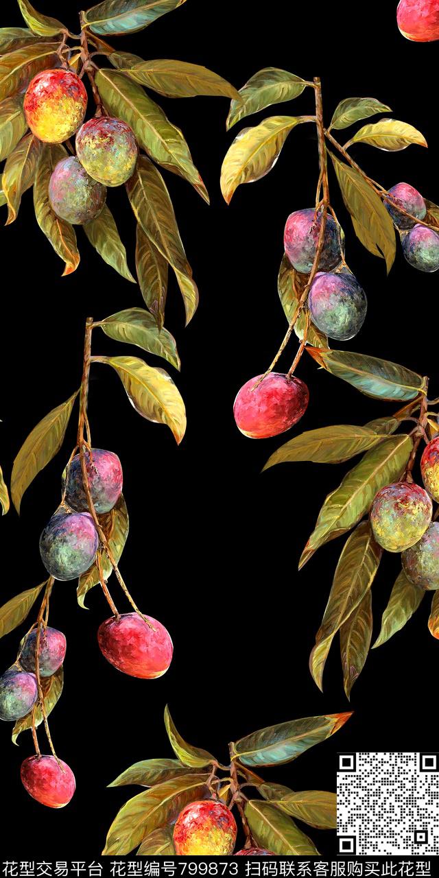 手绘樱桃趣味手绘叶子数码印花华亿平台下载（图片编号: 799873） - 瓦栏（Walan）
