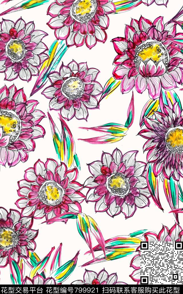 花卉抽象线条传统印花华亿平台下载（图片编号: 799921） - 瓦栏（Walan）