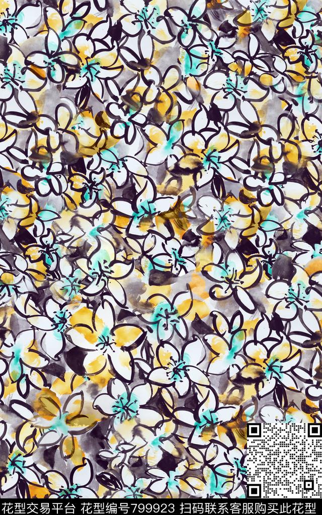 花卉抽象线条传统印花华亿平台下载（图片编号: 799923） - 瓦栏（Walan）