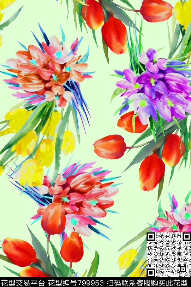 水彩花卉叶子数码印花华亿平台下载（图片编号: 799953） - 瓦栏（Walan）