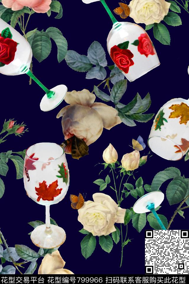 花卉叶子酒杯数码印花华亿平台下载（图片编号: 799966） - 瓦栏（Walan）